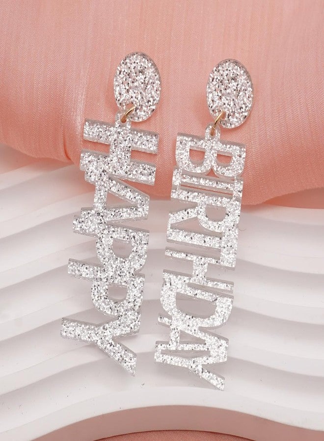 Wovanoo Happy Birthday Earrings Glitter Drop Dangle Earrings for Women Silver - Image 4
